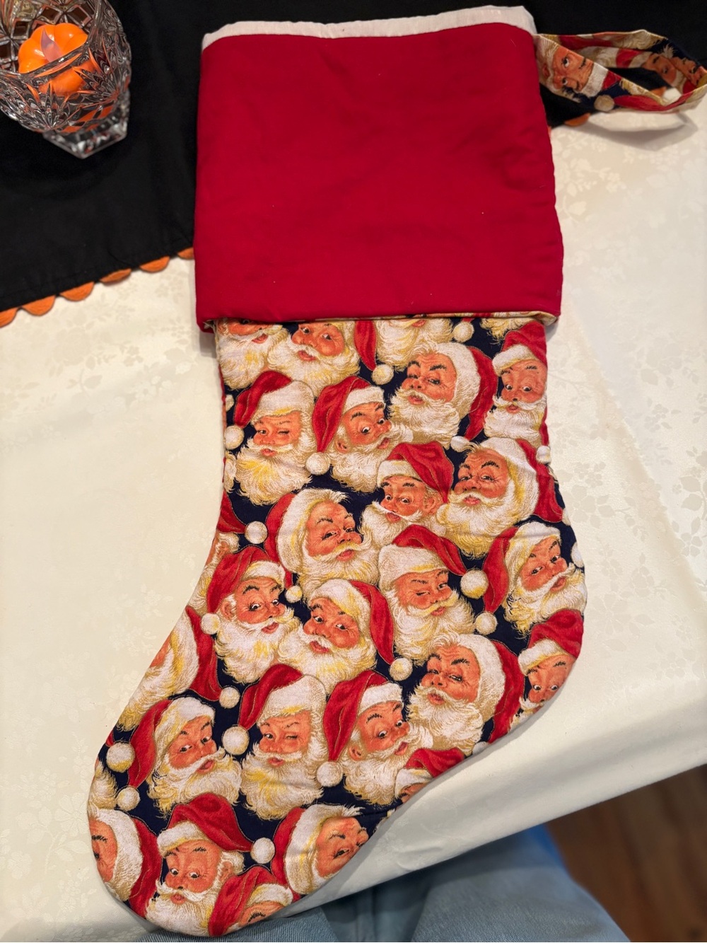 Vintage Style Santa Faces Christmas Stocking | Handmade Holiday Decor